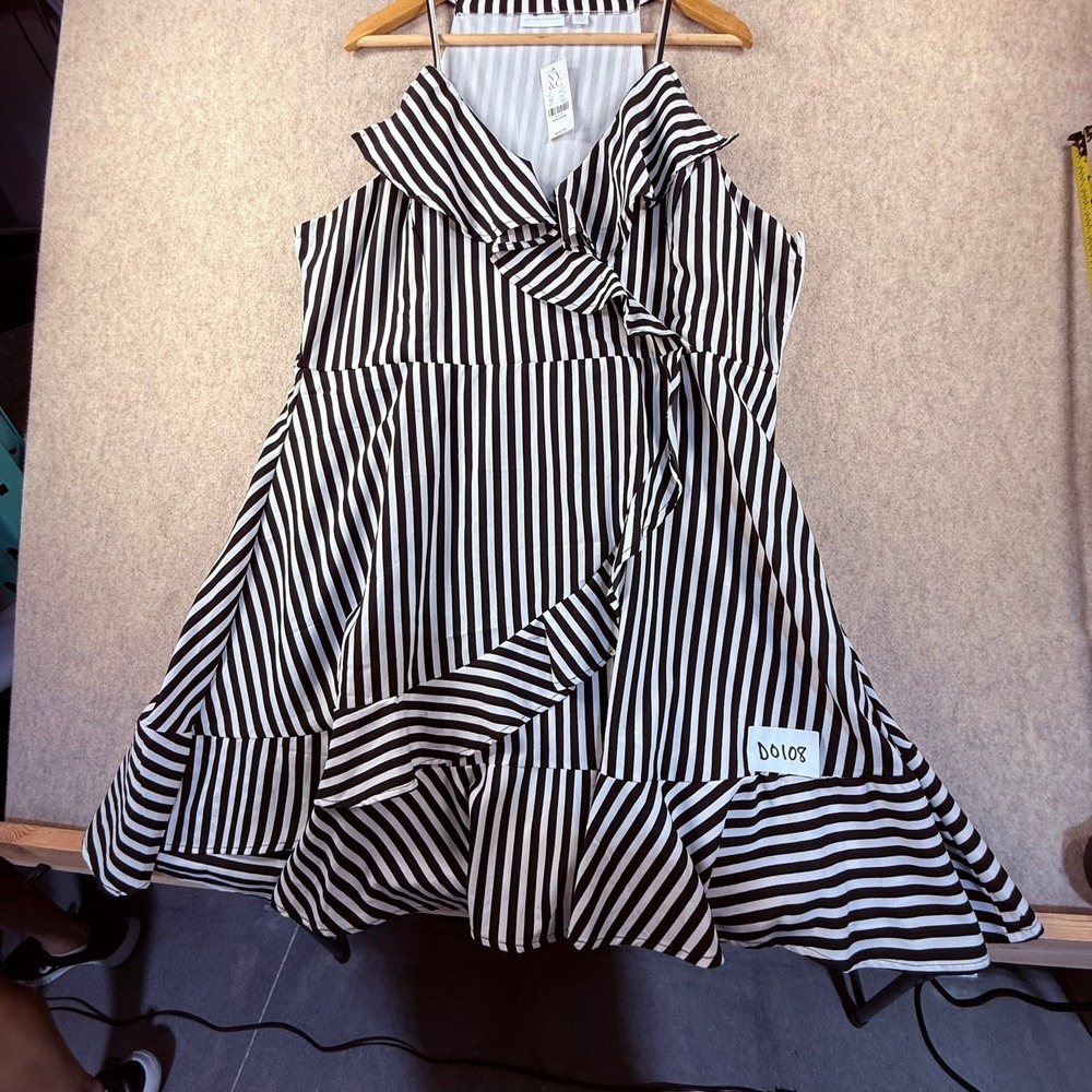 New‎ York & Company Black White Striped Ruffle Wrap Dress XXL NWT